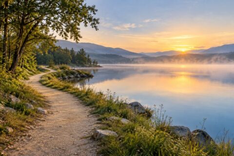 A winding path beside a peaceful blue lake at sunrise
